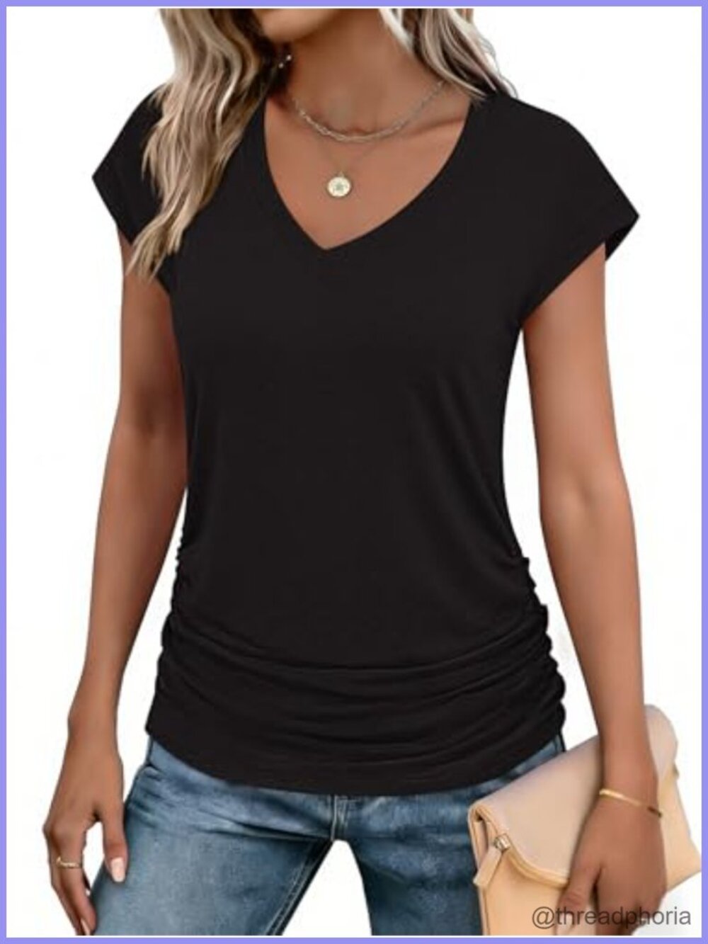 Zeagoo Womens Ruched V Neck Tshirt Cap Sleeve Tunic Top